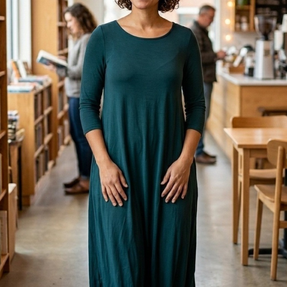 Eileen Fisher Dress Womens L Large Teal Green 3/4 Sleeve Jersey Knit Midi A-Line